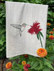 Hummingbird and Bee Balm Flour Sack Towel - center printed