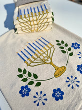 Load image into Gallery viewer, Menorah and Flowers Tea Towel - Hanukkah tea towel