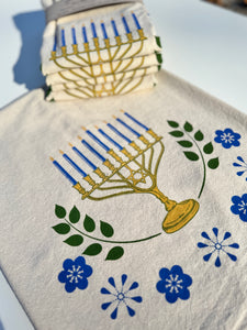 Menorah and Flowers Tea Towel - Hanukkah tea towel