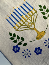 Load image into Gallery viewer, Menorah and Flowers Tea Towel - Hanukkah tea towel