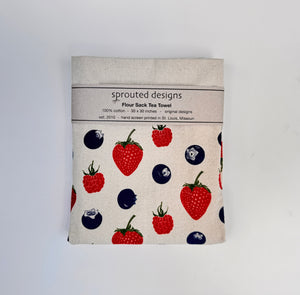 Mixed Berry Tea Towel wrapped in information label