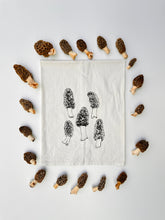 Load image into Gallery viewer, morel mushrooms surround a morel tea towel