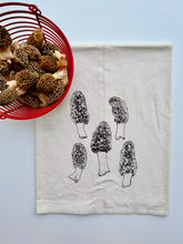 Load image into Gallery viewer, Morel mushrooms in a basket on top of morel tea towel