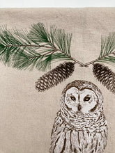 Load image into Gallery viewer, Barred Owl with Pine Branches Flour Sack Tea Towel