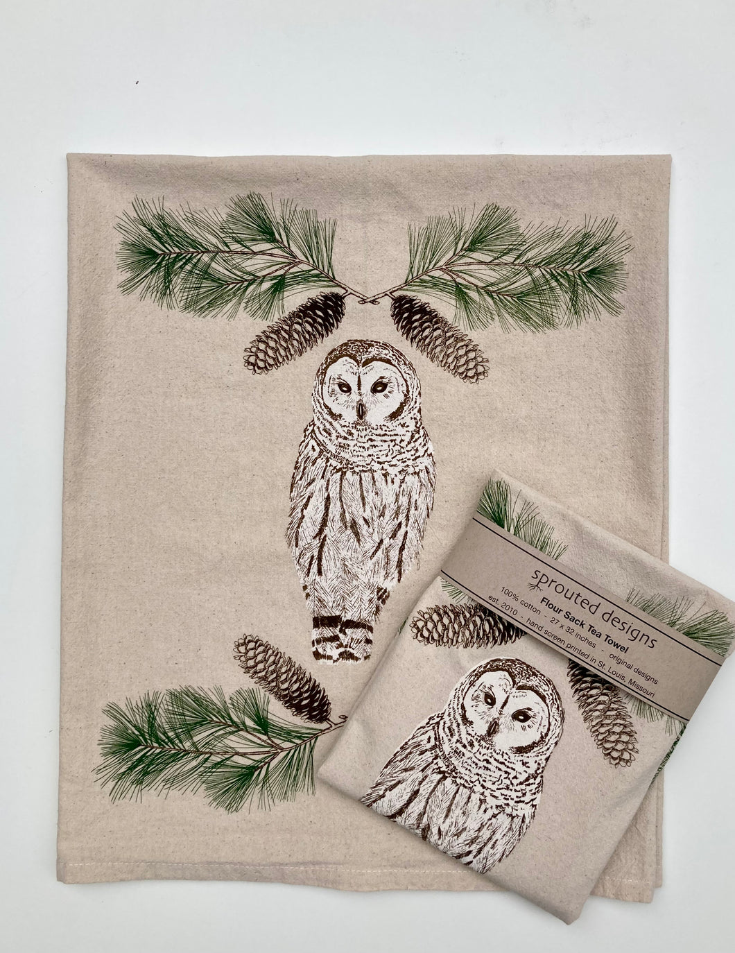 Barred Owl with Pine Branches Flour Sack Tea Towel