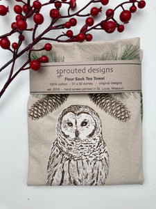 Barred Owl with Pine Branches Flour Sack Tea Towel