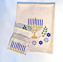 Load image into Gallery viewer, Menorah and Flowers Tea Towel - Hanukkah tea towel