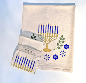 Menorah and Flowers Tea Towel - Hanukkah tea towel